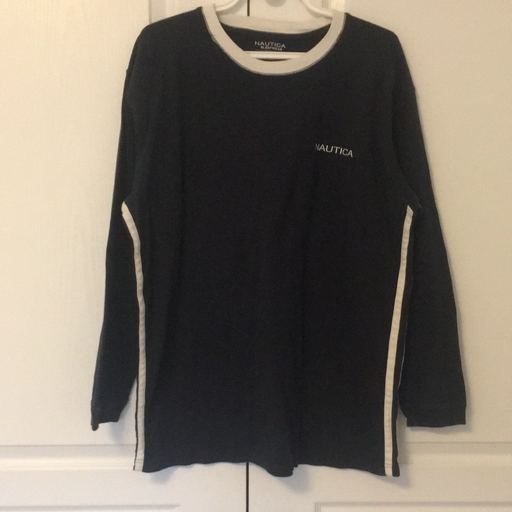 Nautica Mens Sleepwear 100% Cotton Long Sleeve T Shirt Lounge Navy Blue Large